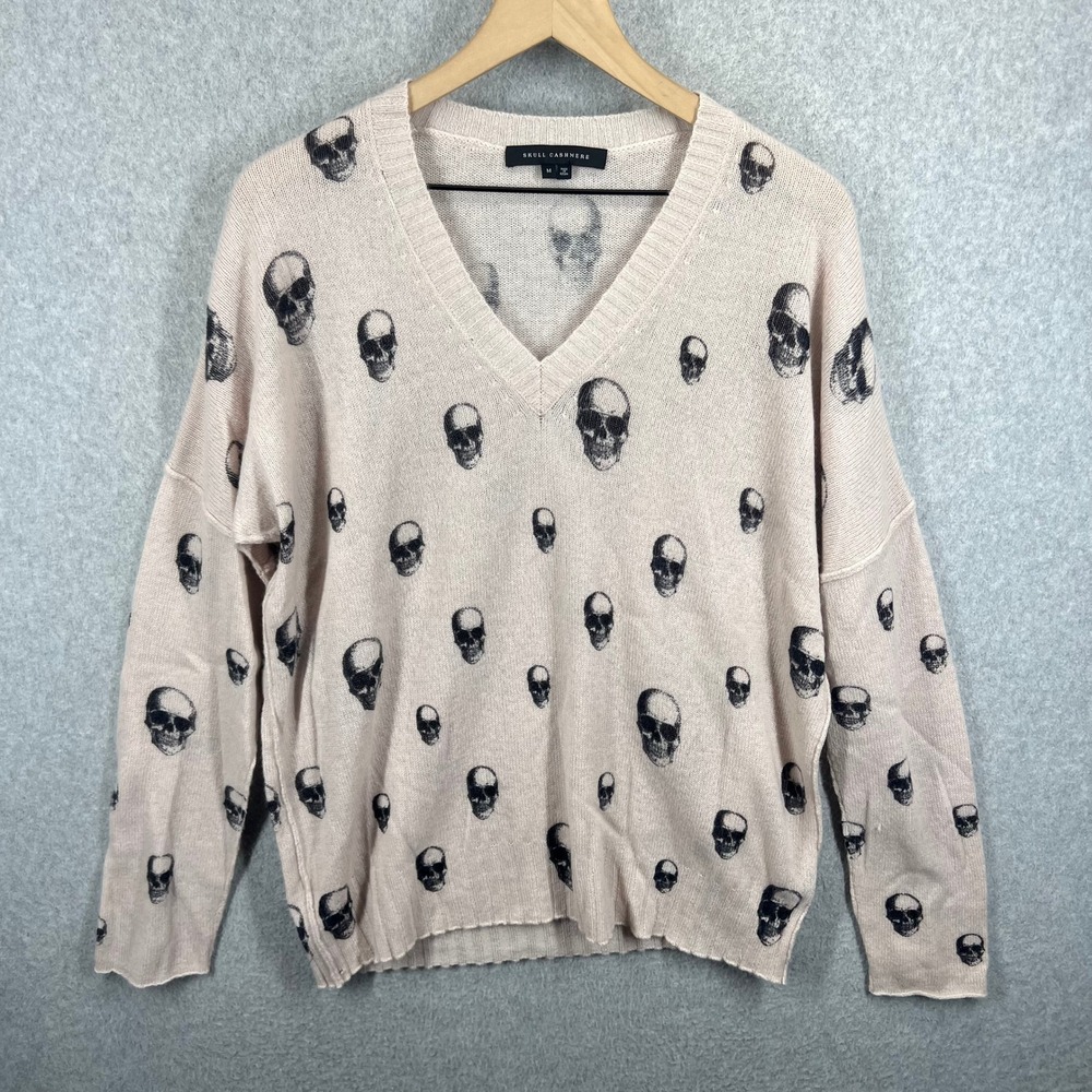 Skull Cashmere V-Neck Sweater Women M Pink Skull Print 100% Cashmere EUC
